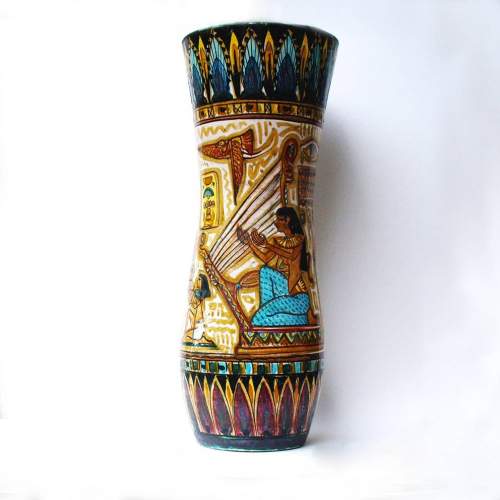 Nereo Boaretto " Figure Egizie ", vaso portaombrelli, ceramica ad ingobbio e policroma, h.cm.56x22, anni 50