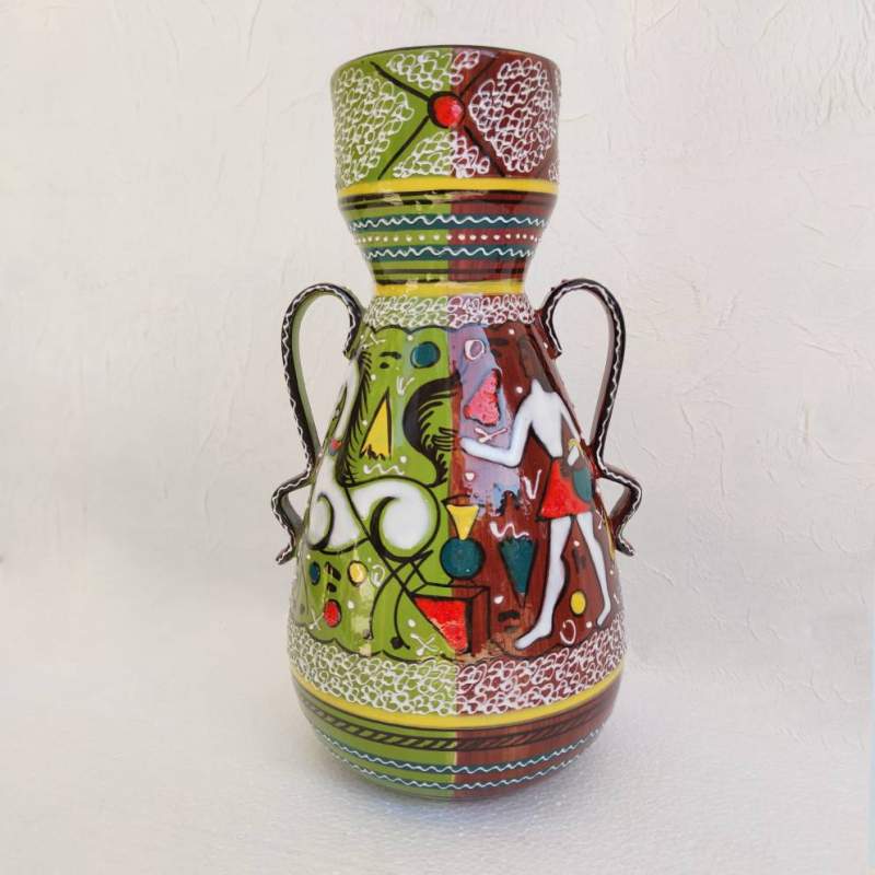 Gialletti | Deruta | Vaso in ceramica decori a smalti policromi | biansato | h cm. 32x18x16 | anni 50/60